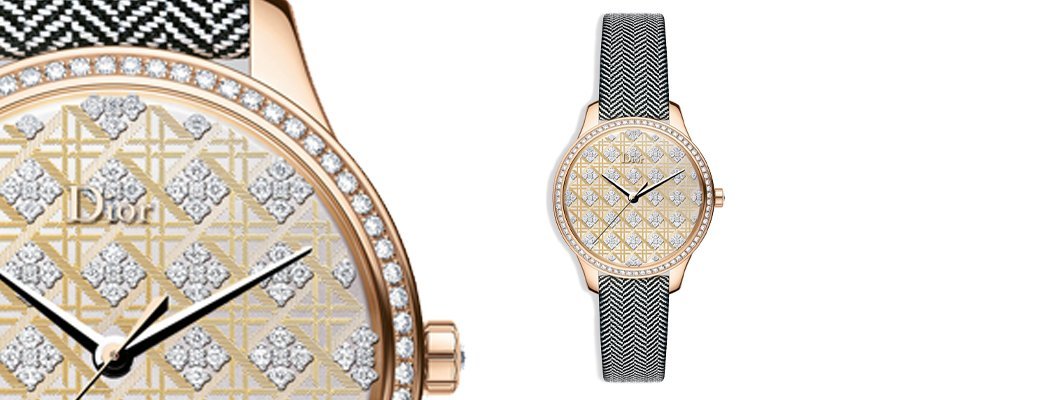 House of Dior Watches, women's watches, gold watch with herringbone pattern watch band, diamond inlay on the watch face