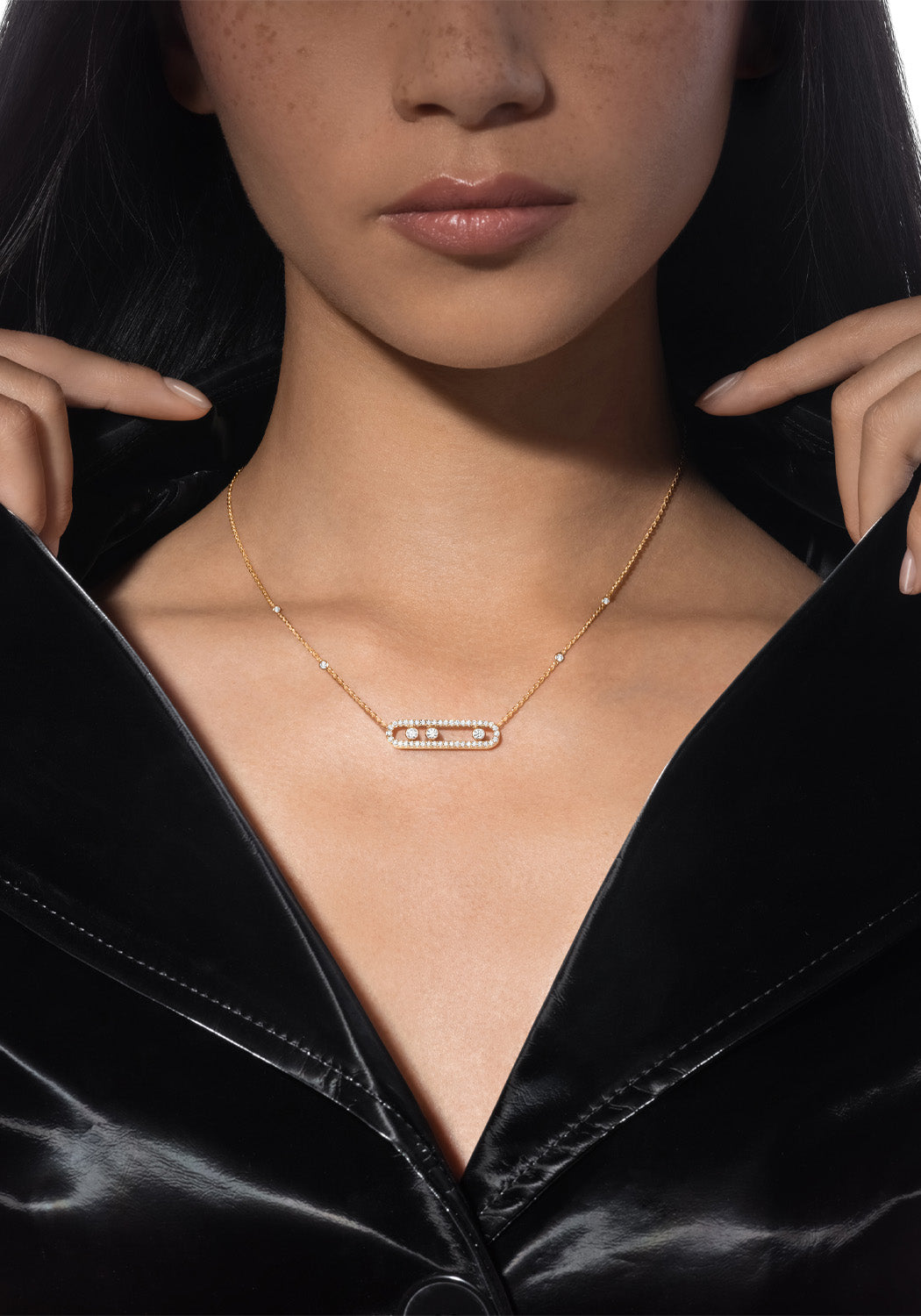 Messika Move 18K White Yellow Pavé Diamond Necklace on a model with black coat
