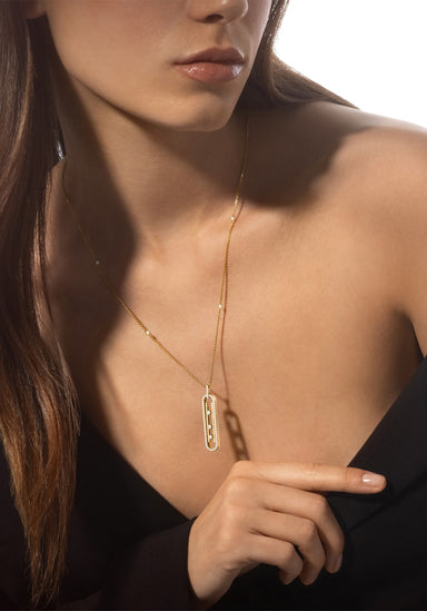 Messika Move 10th PM 18KYG Pavé Diamond Necklace on a brunette model with long hair & black blouse