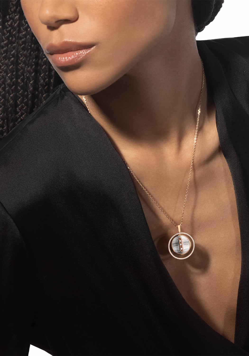 Messika Lucky Move MM MOP 18KRG Diamond Necklace on a Black model with a black blazer