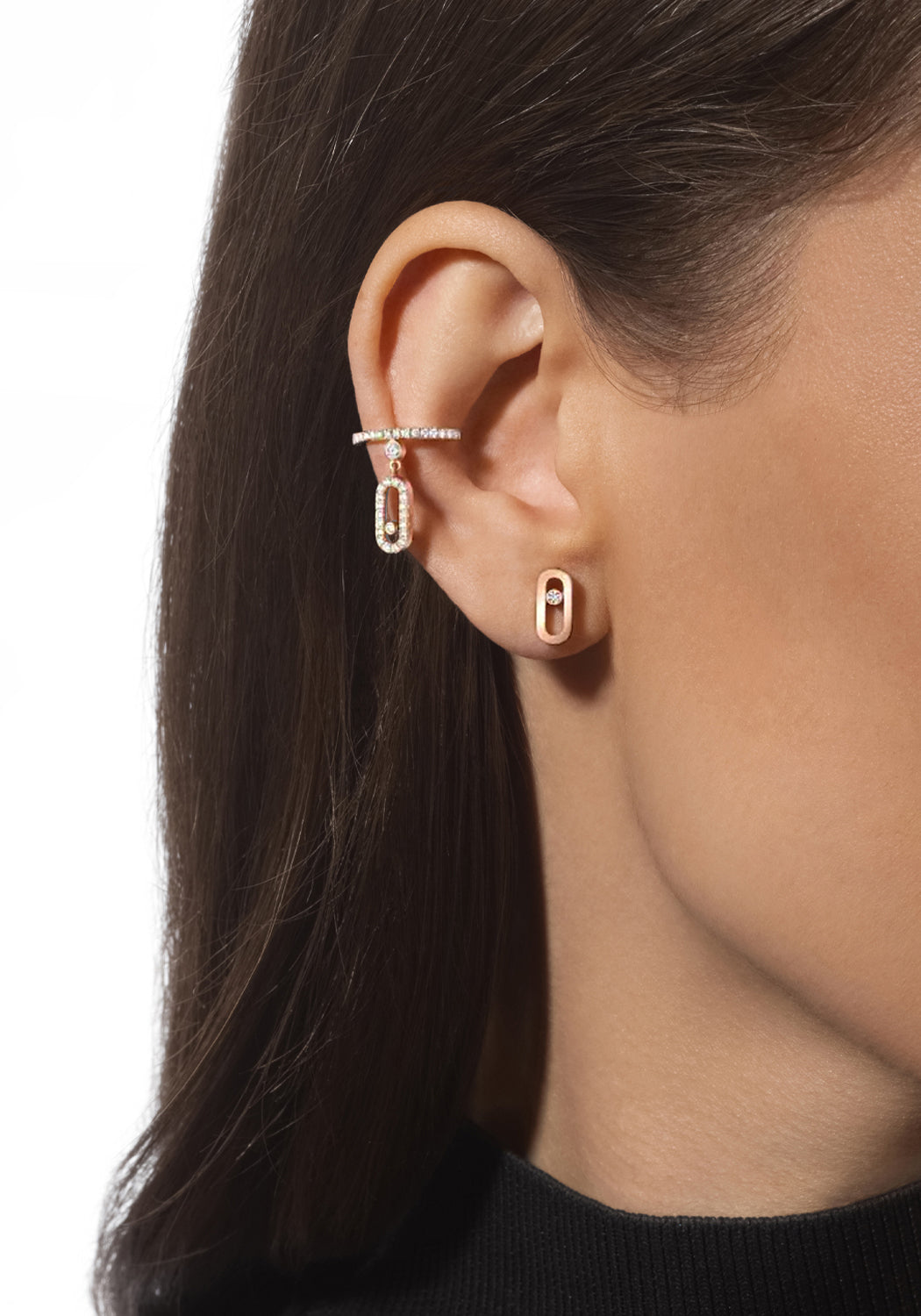 Closeup of a model wearing Messika Move Uno 18KRG Diamond Stud Earrings Styled with 2nd Pair