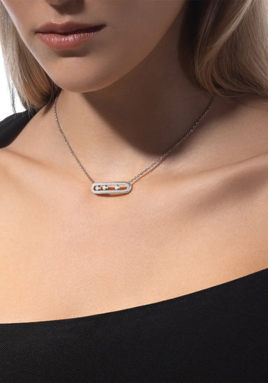 Messika Move Classique Ciselé 18KWG Diamond Necklace on a blonde model with a black shirt
