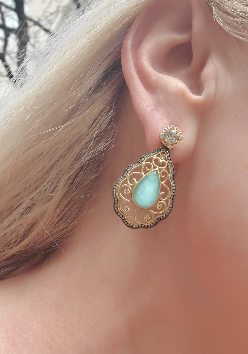 Cynthia Ann Filigree Turquoise Teardrop Earring Jackets Shown With a Diamond Stud (Sold Separtely)