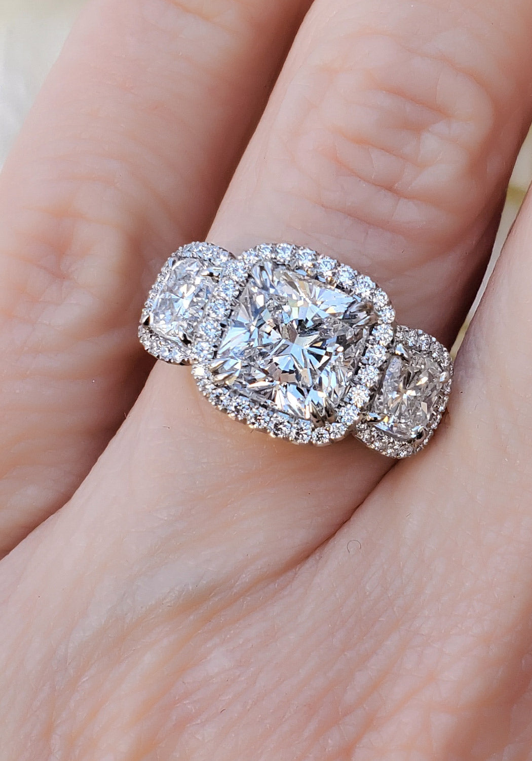 Rahaminov 3 Stone Cushion Cut Diamond Ring | OsterJewelers.com