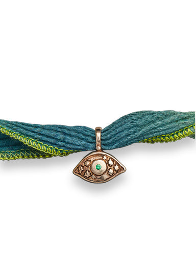 Catherine Michiels 14KRG Tsavorite Evil Eye Charm Silk Wrap Bracelet | OsterJewelers.com