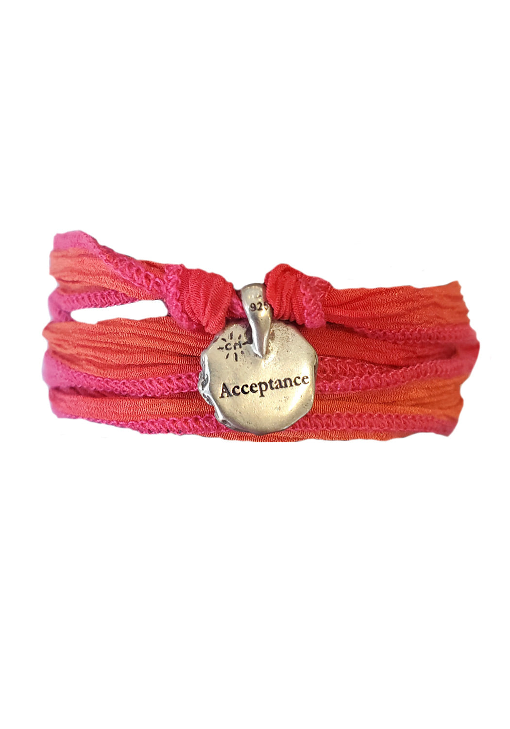Silver "Acceptance Charm on Pink/Orange Silk Wrap bracelet 
