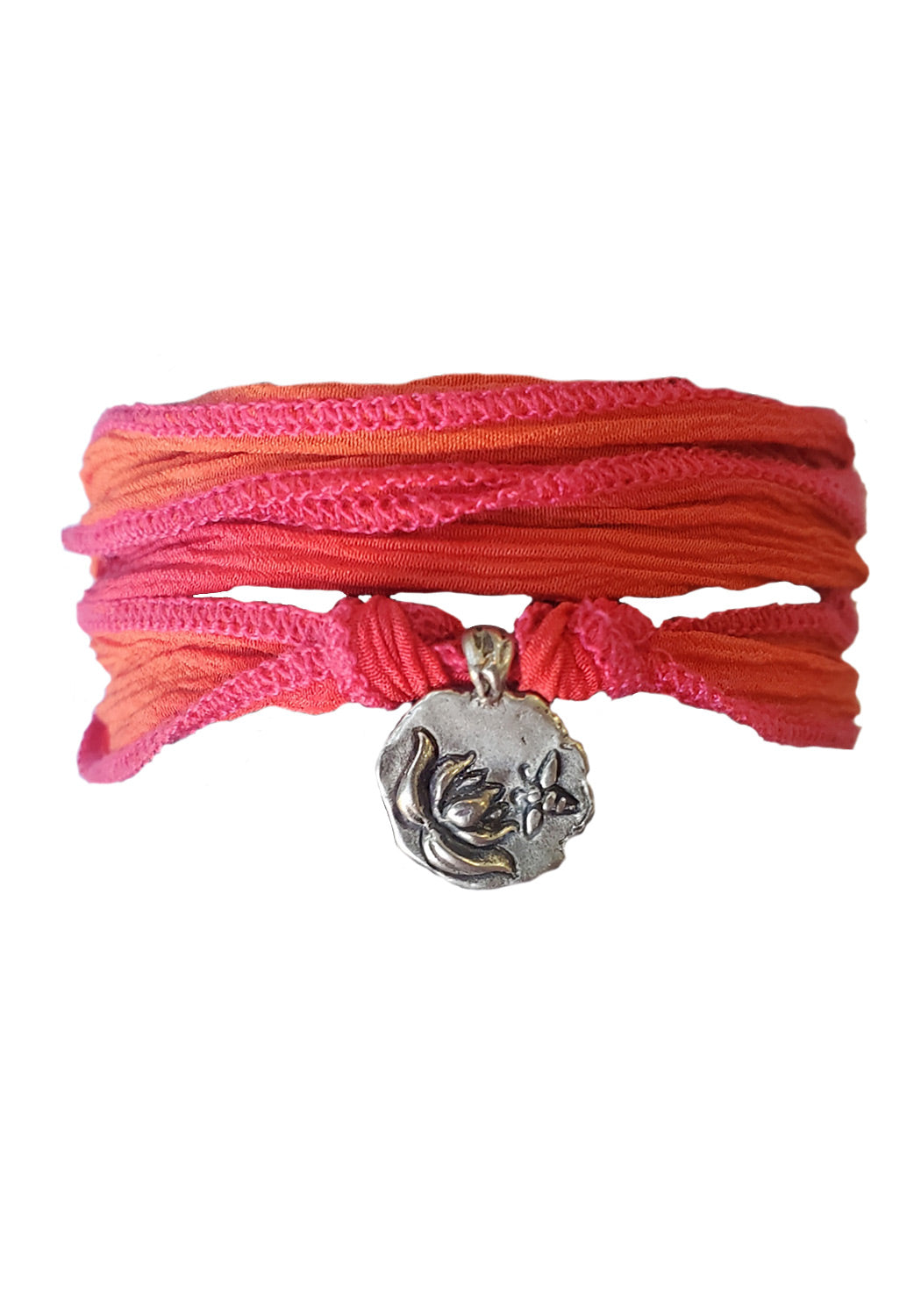 Silver Lotus & Bee Charm on Front. "Acceptance" on Back tied on Pink & Orange Silk Wrap | OsterJewelers.com