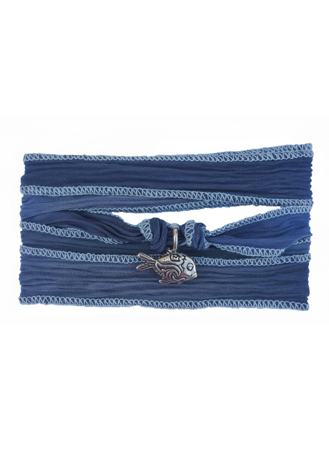 Sterling Silver Fish Charm on Blue Silk Wrap for bracelet or necklace. Osterjewelers.com