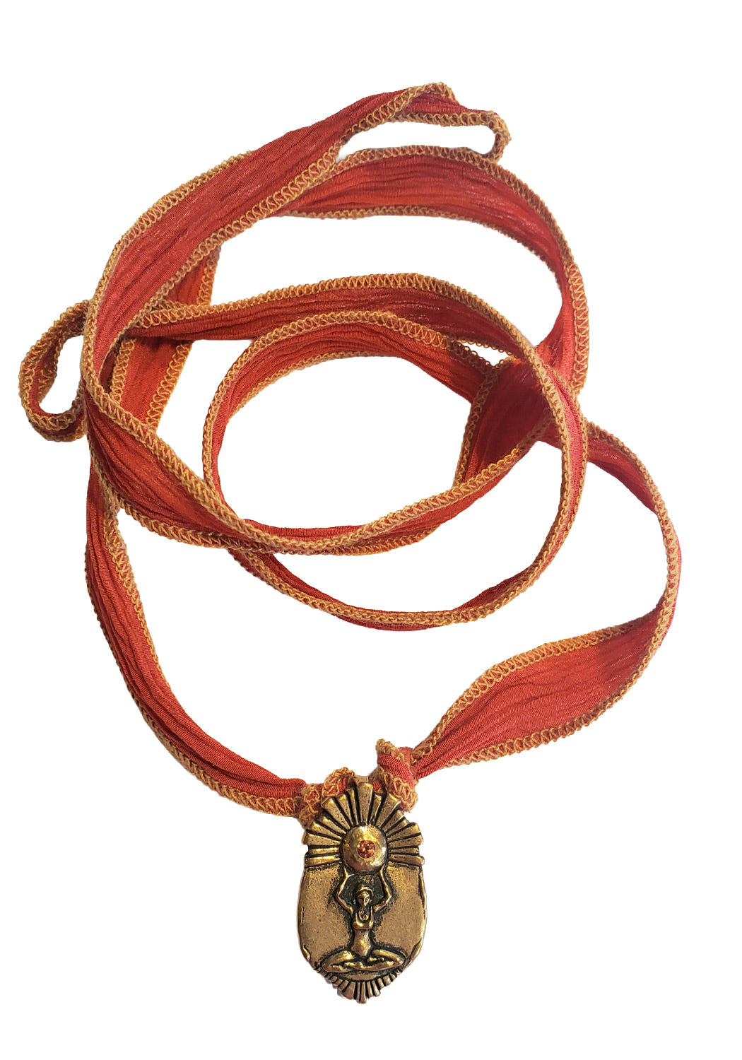 Bronze Sun Goddess on Orange Silk Tie to wrap for bracelet or necklace Oster Jewelers