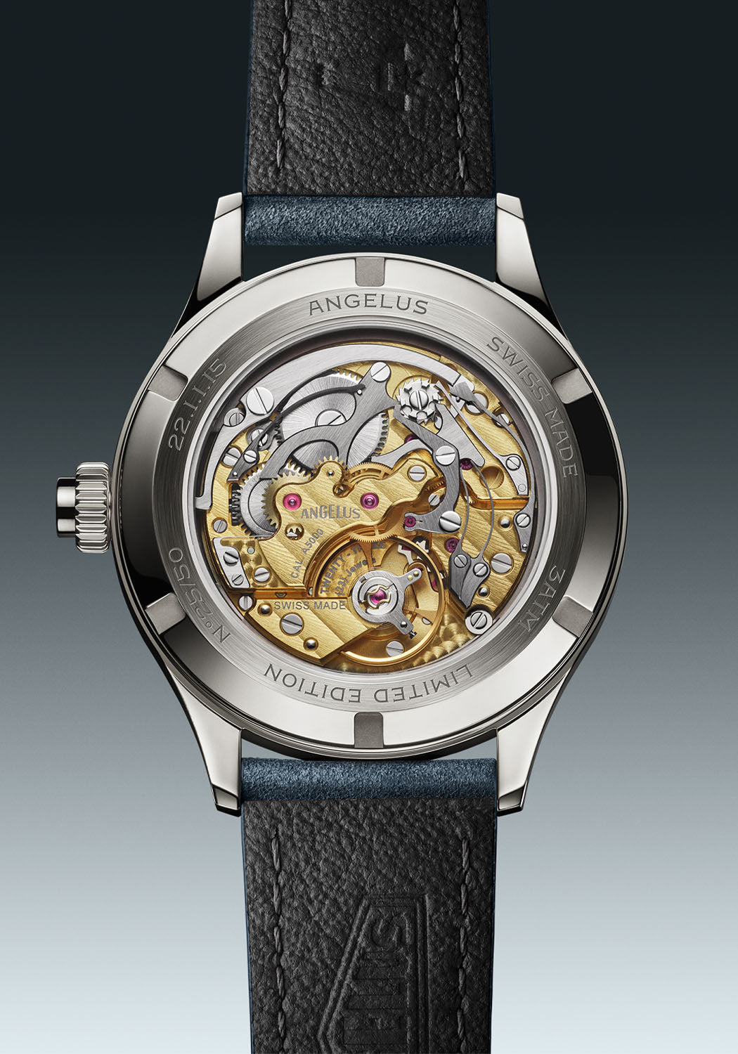 The exhibition caseback of the Angelus Chronographe Tachymètre Steel Grey reveals the A5000 calibre.