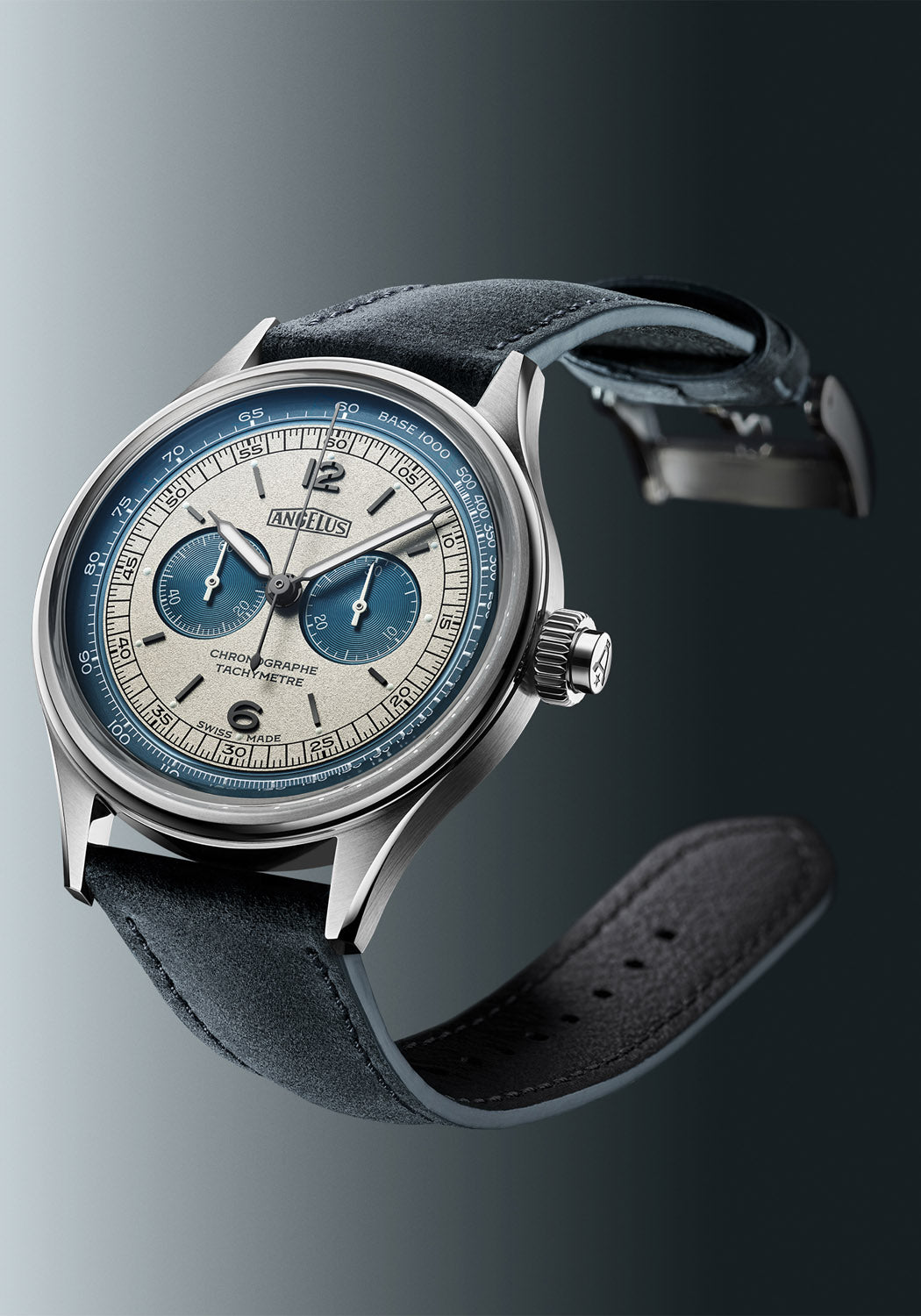 A rendering of the Angelus Chronographe Tachymètre Steel Grey shows a closeup of the blue subdials