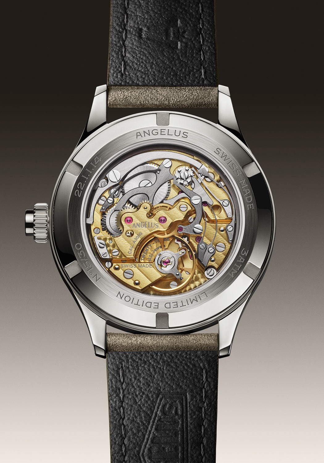 The exhibition caseback of the Angelus Chronographe Tachymètre Steel Pink reveals the A5000 movement