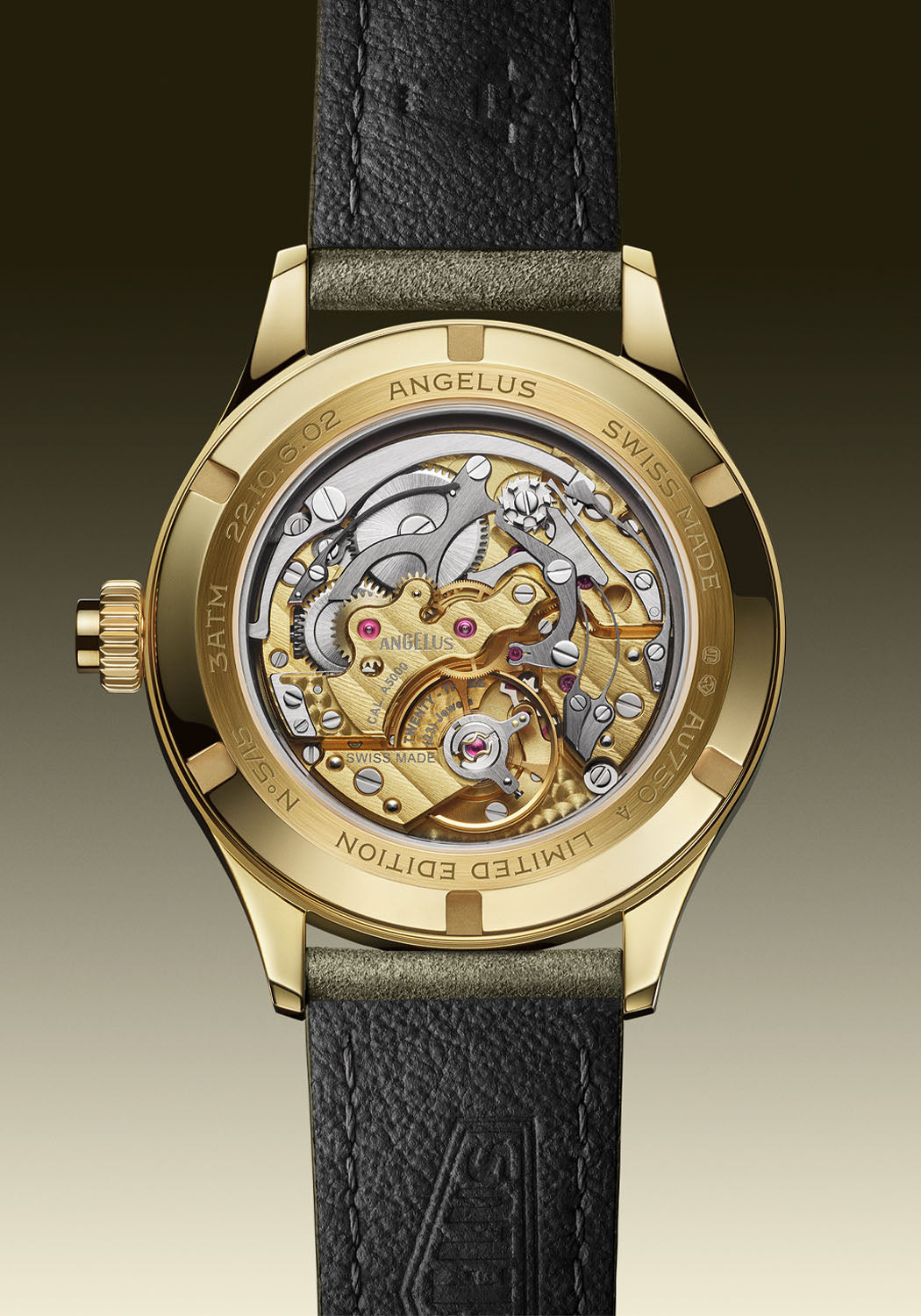 The exhibition caseback of the Angelus Chronographe Tachymètre Yellow Gold reveals the A5000 calibre