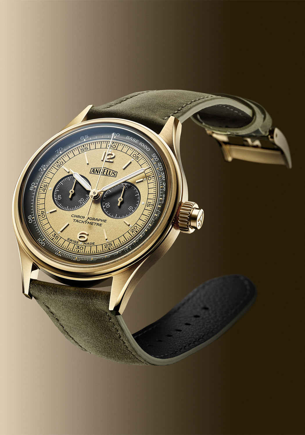 The Angelus Chronographe Tachymètre Yellow Gold shows it floating on a gradient background