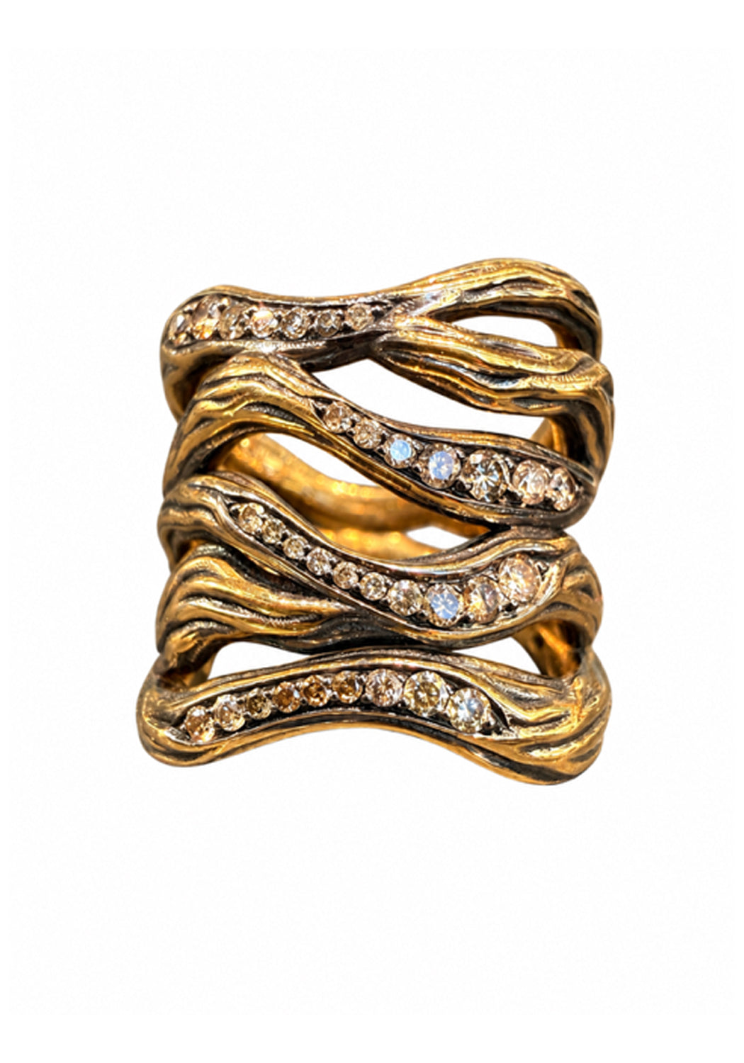 Antonini Vulcano 18KBYG Champagne Diamond Wide Ring features waves of blackened gold with diamonds.
