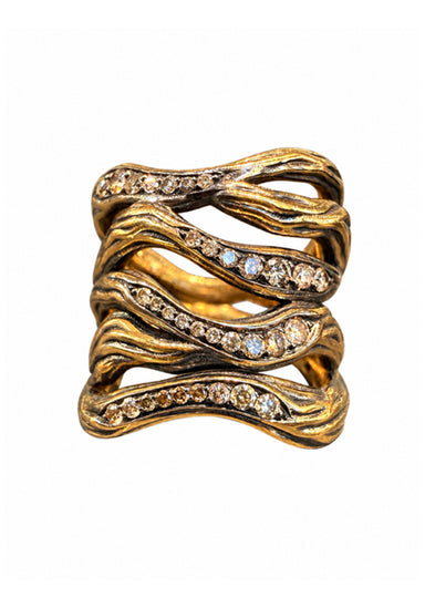 Antonini Vulcano 18KBYG Champagne Diamond Wide Ring features waves of blackened gold with diamonds.