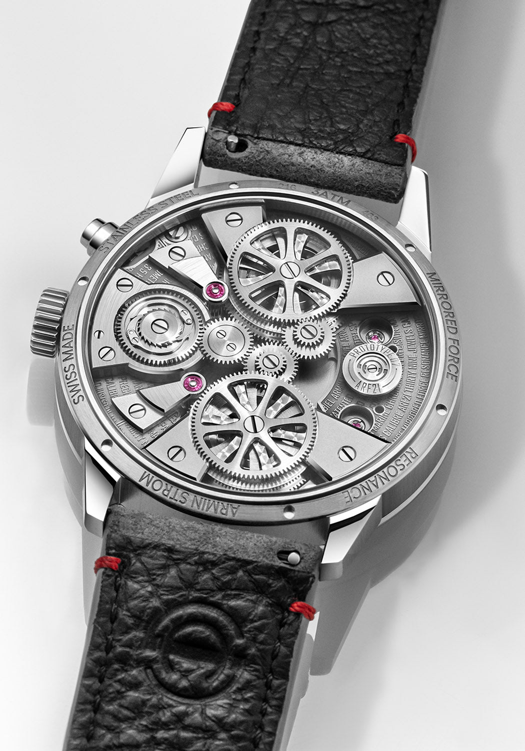 Exhibition sapphire caseback shows the calibre of the Armin Strom Mirrored Force Resonance Red