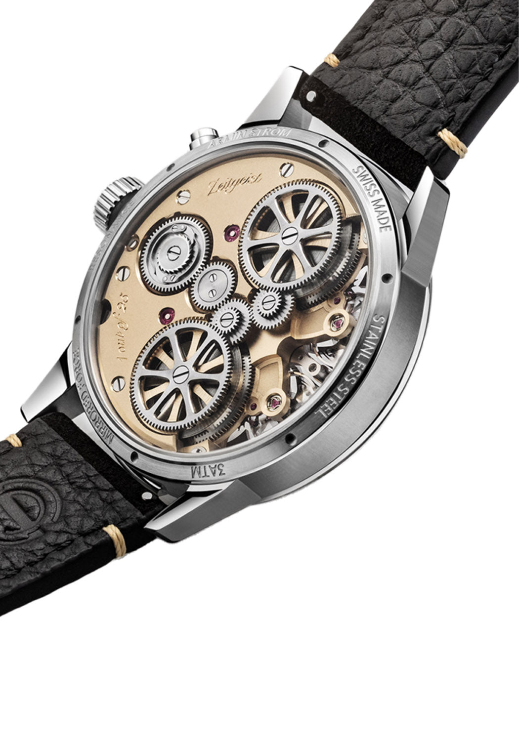 A side view of the Mirrored Force Resonance Zeitgeist caseback shows the back of the ARF21 movement