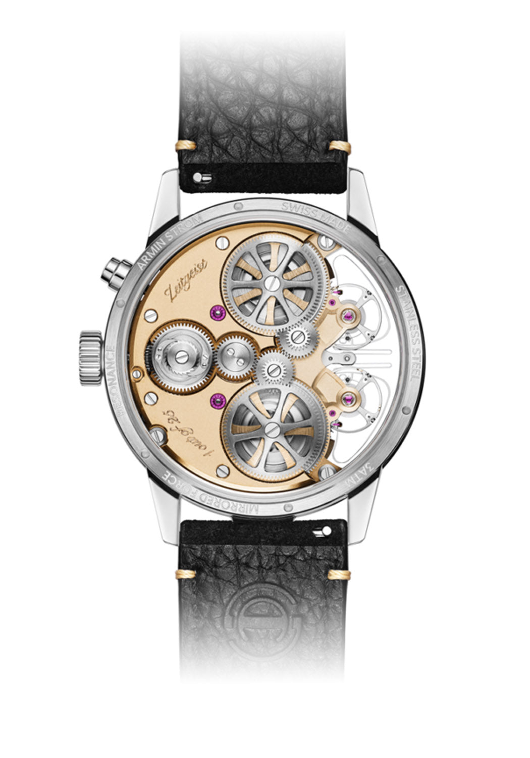A back view of the Mirrored Force Resonance Zeitgeist caseback shows the back of the ARF21 movement