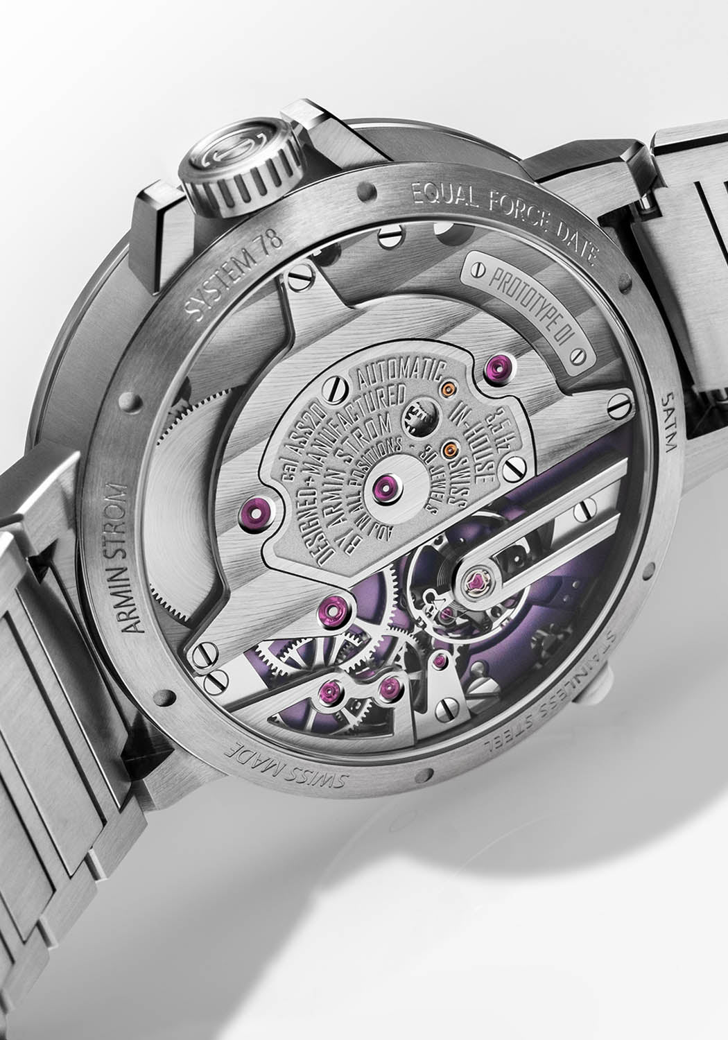 The exhibition caseback of the Armin Strom Orbit Midnight Purple reveals the ASS20 calibre