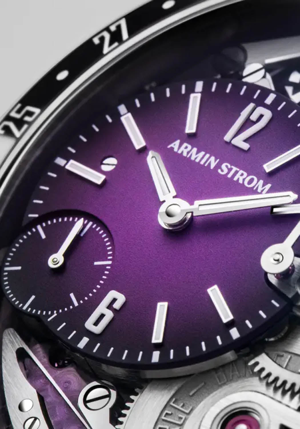 A close up of the rich midnight purple fumé dial of the Armin Strom Orbit Midnight Purple