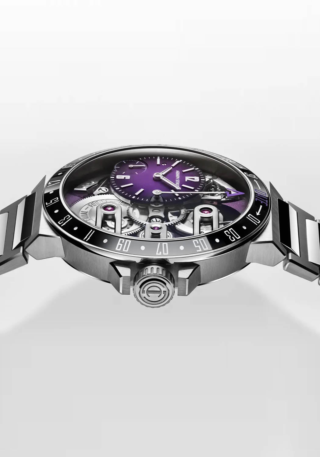 The Armin Strom Orbit Midnight Purple from an angle highlighting the crown