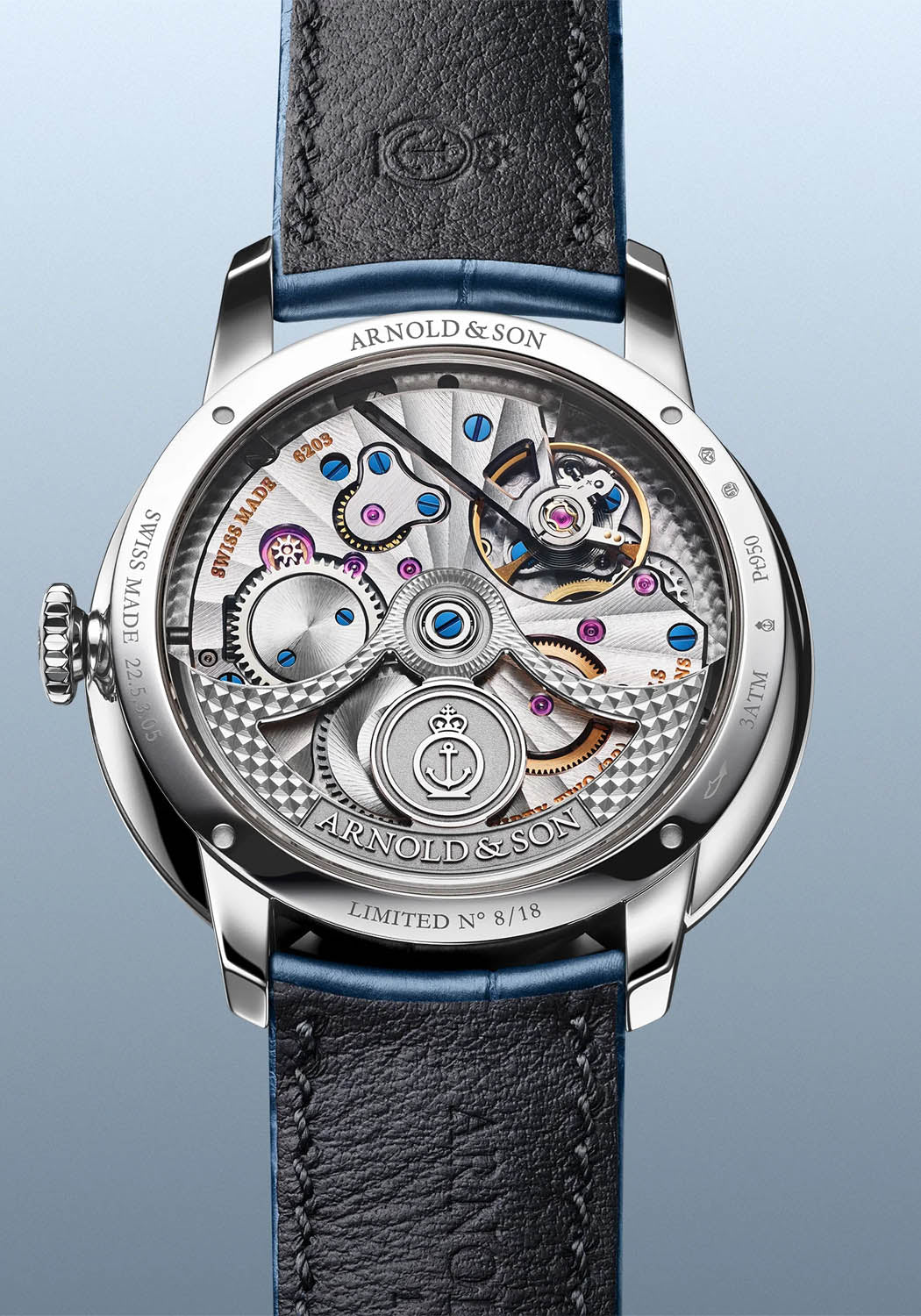 The caseback of the Arnold & Son DSTB Stop-Seconds Platinum Kingsand reveals the A&S6303 calibre