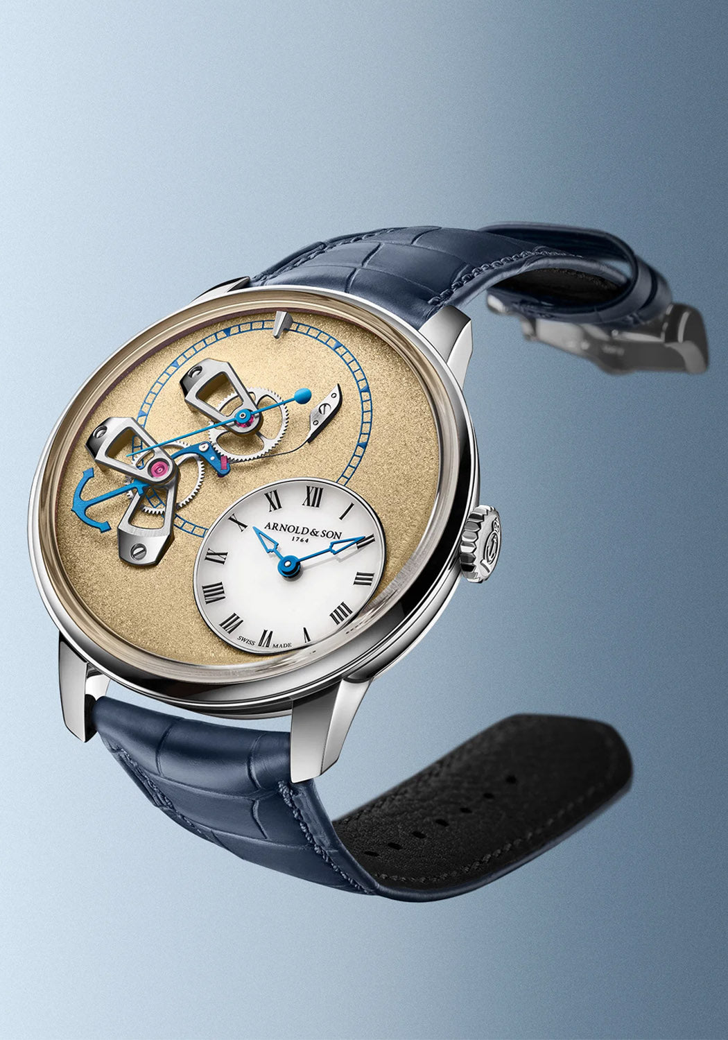 The Arnold & Son DSTB Stop-Seconds Platinum Kingsand features a grained dial