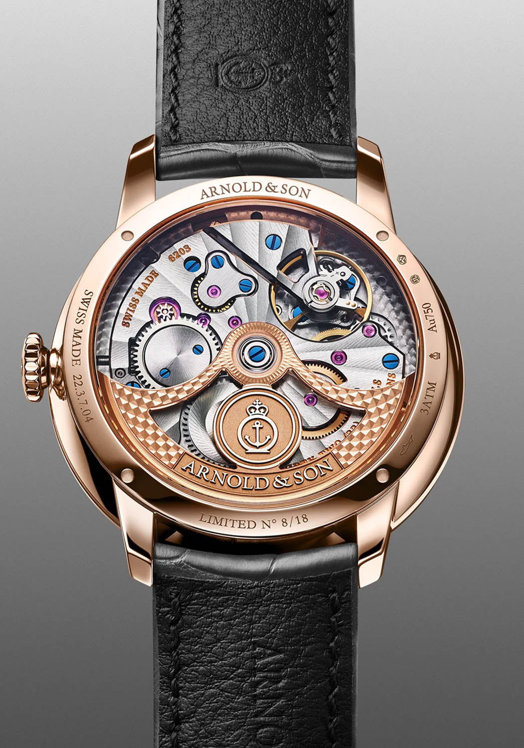The caseback of the Arnold & Son DSTB Stop-Seconds Red Gold Cliff Grey reveals the A&S6303