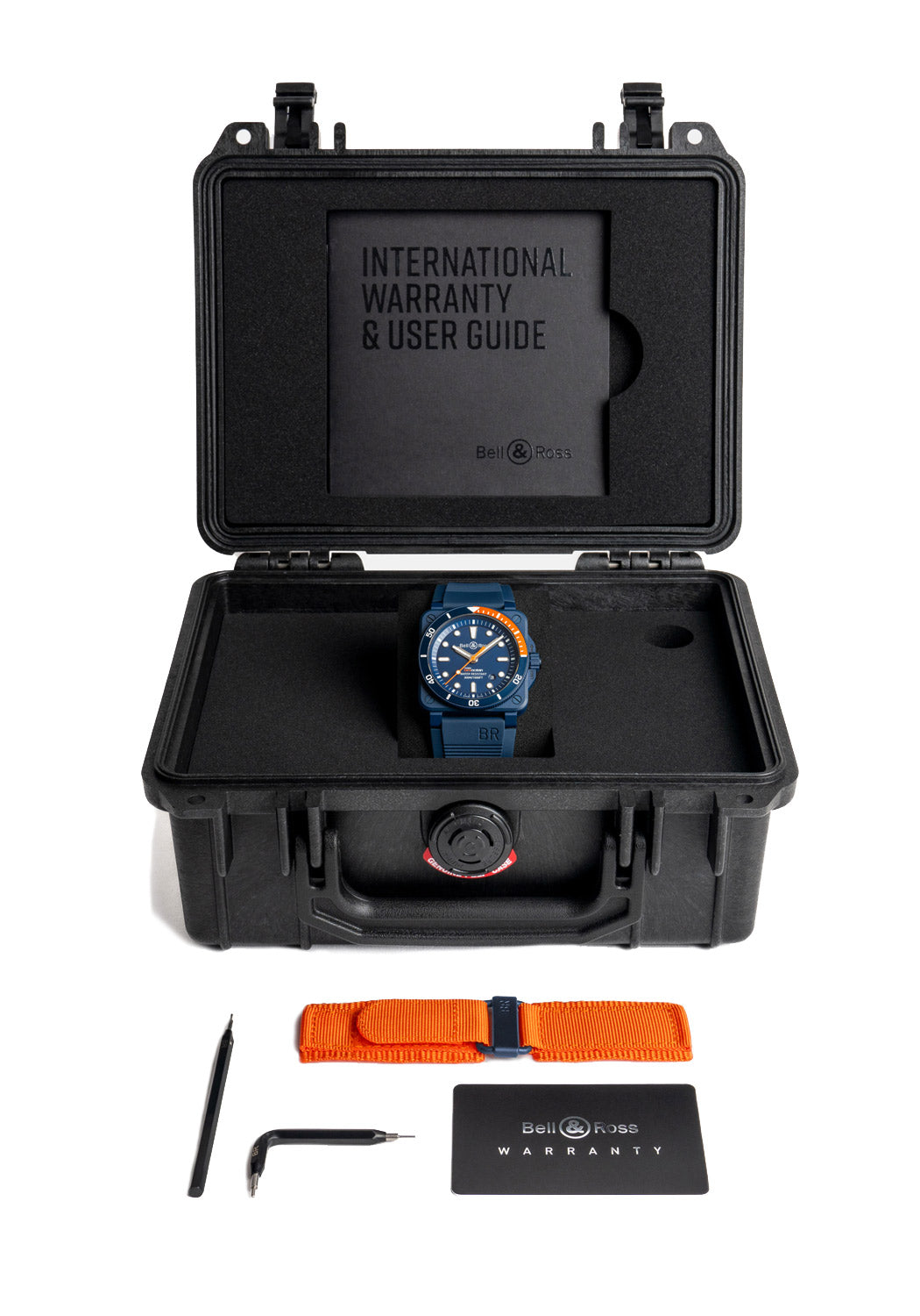 Bell & Ross BR03-02 Blue Diver Tara, Watch Case with Orange Strap, tools and warranty card.
