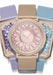 Three watches fanned out. One square purple gemstone watch, one tan and pink gemstone watch and one light blue gemstone watch.