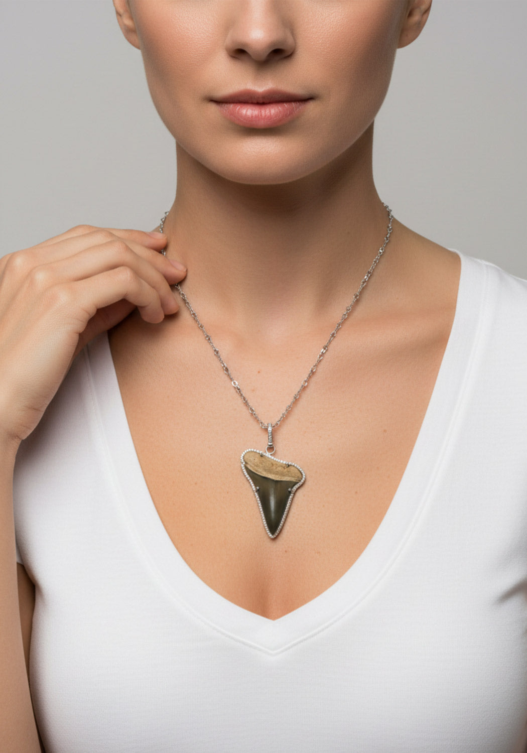 Brown Shark's Tooth framed with diamonds on an 18KWG chain.