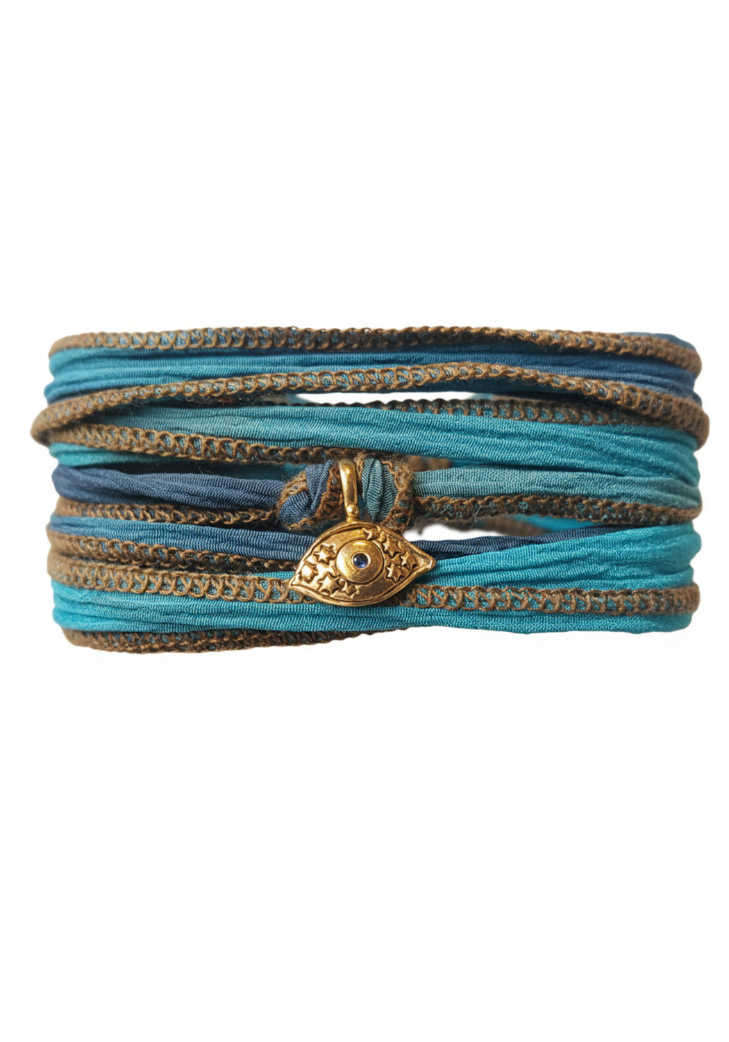 Rose Gold Evil Eye Sapphire on multi Aqua Silk Wrap for bracelet and necklace. OsterJewelers.com