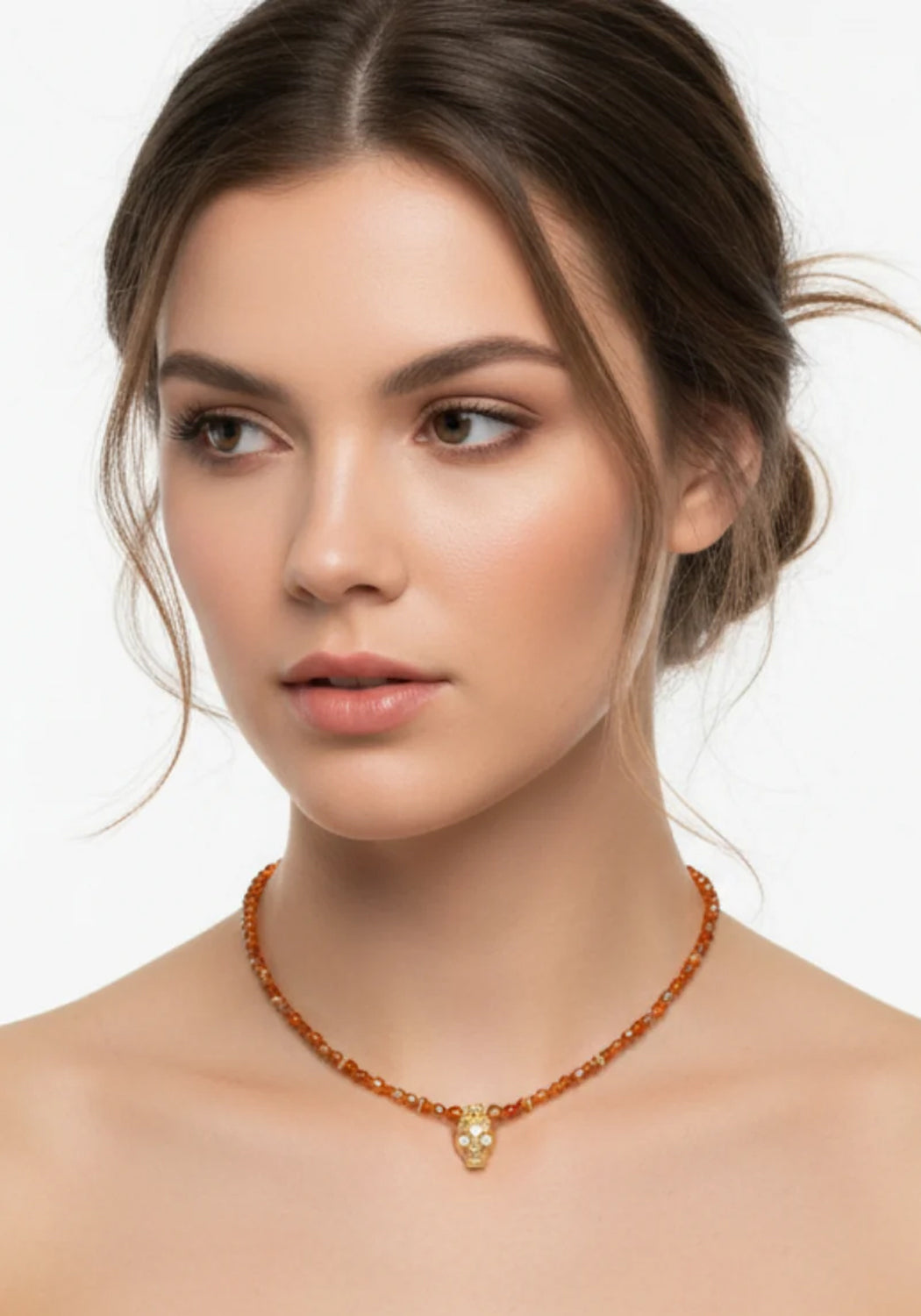 Rendering of model wearing the Catherine Michiels Le Petit Bob Jade & Amazonite Skull Necklace