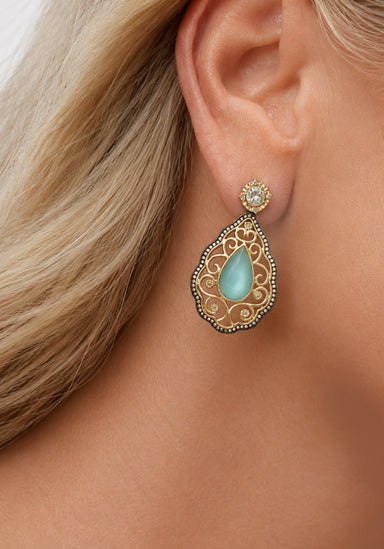 Blonde Model wearing Cynthia Ann Filigree Turquoise Teardrop Earring Jackets Shown With a (Sold Separtely) Diamond Stud from Osterjewelers.com