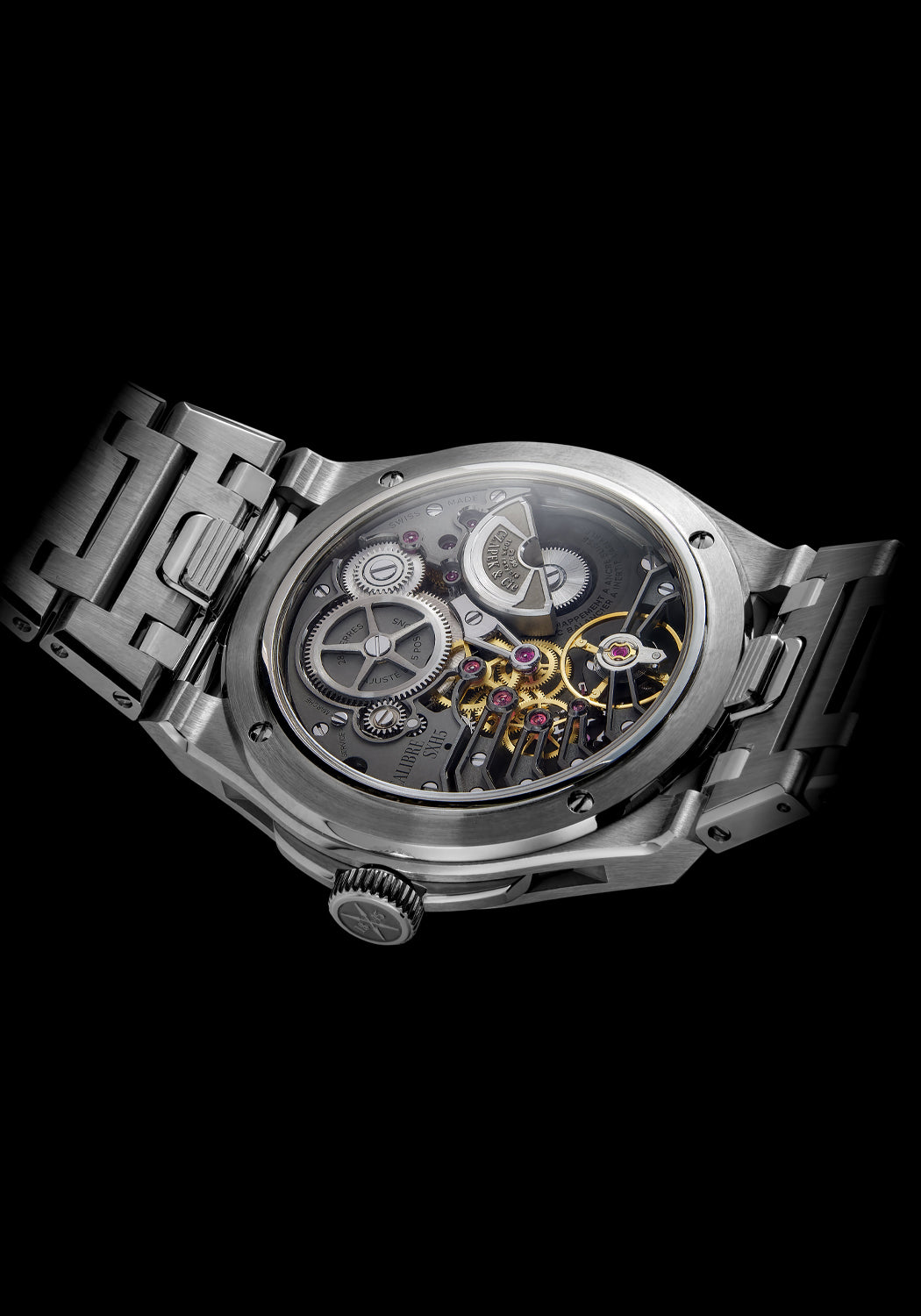 The exhibition caseback of the Czapek & Cie Antarctique Frozen Meteor reveals the SXH5 calibre.