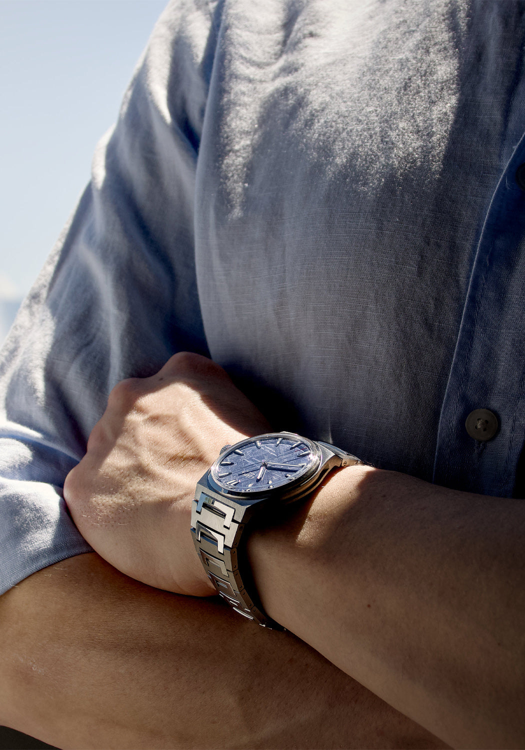 Czapek & Cie Antarctique Frozen Meteor shown on the integrated steel bracelet on a man's wrist. 