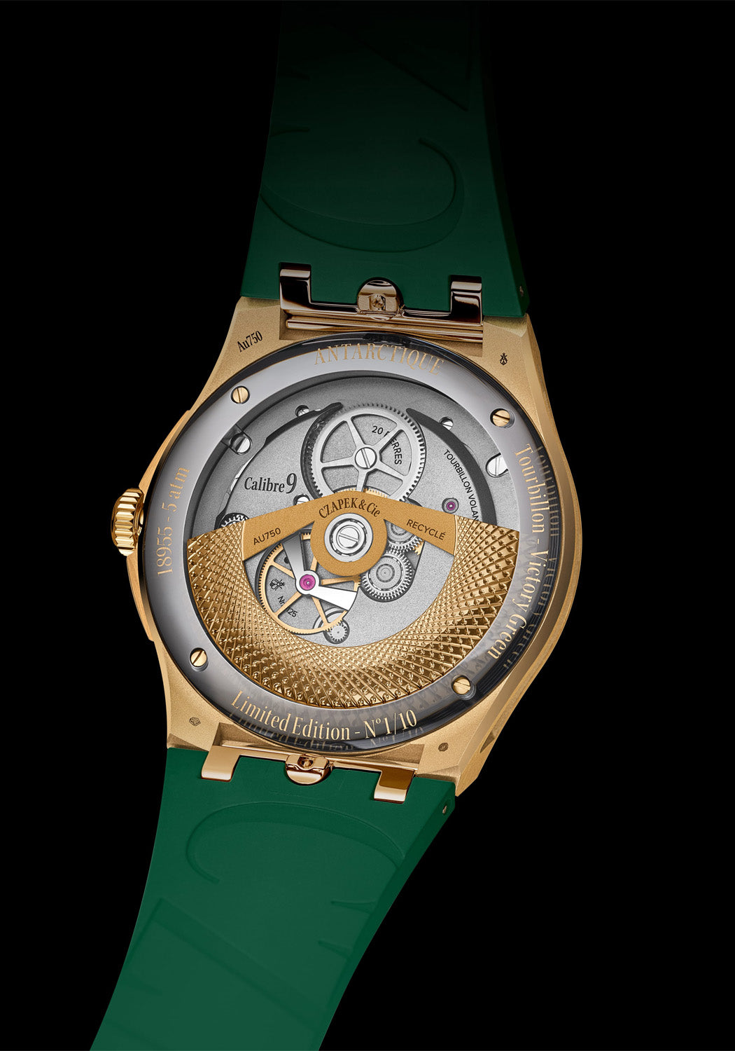 The sapphire glass caseback reveals the Calibre 9 of the Czapek Antarctique Tourbillon