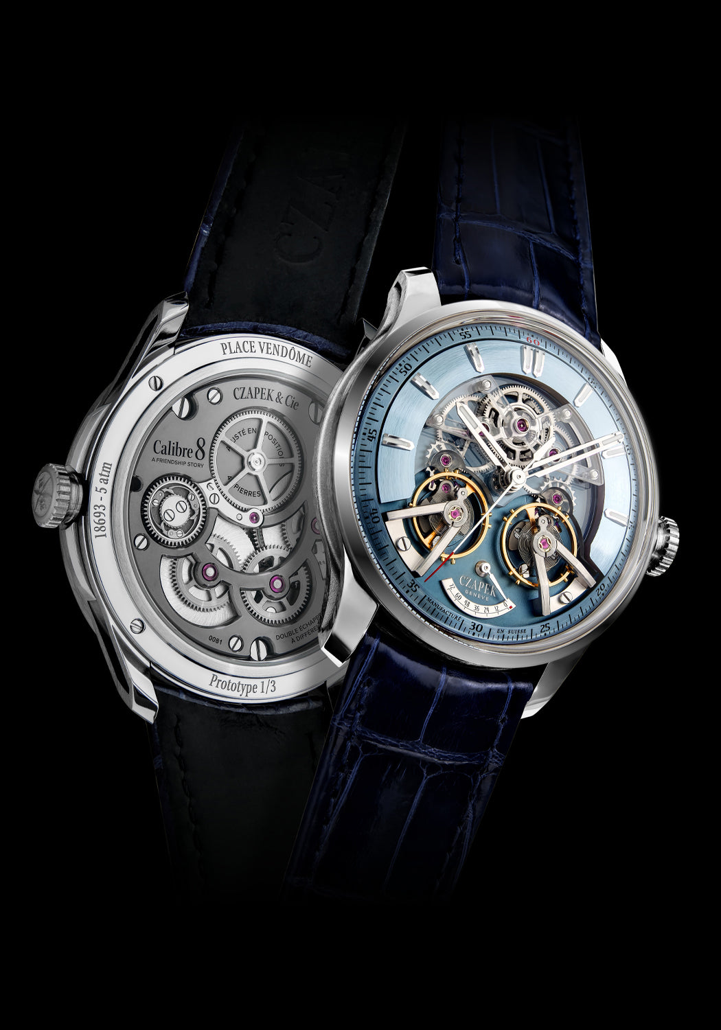 The openworked front and back of the Czapek Place Vendôme Complicite Glacier Blue