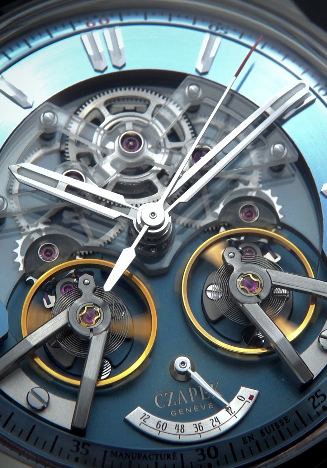 A closeup of the openworked dial of the Czapek Place Vendôme Complicite Glacier Blue