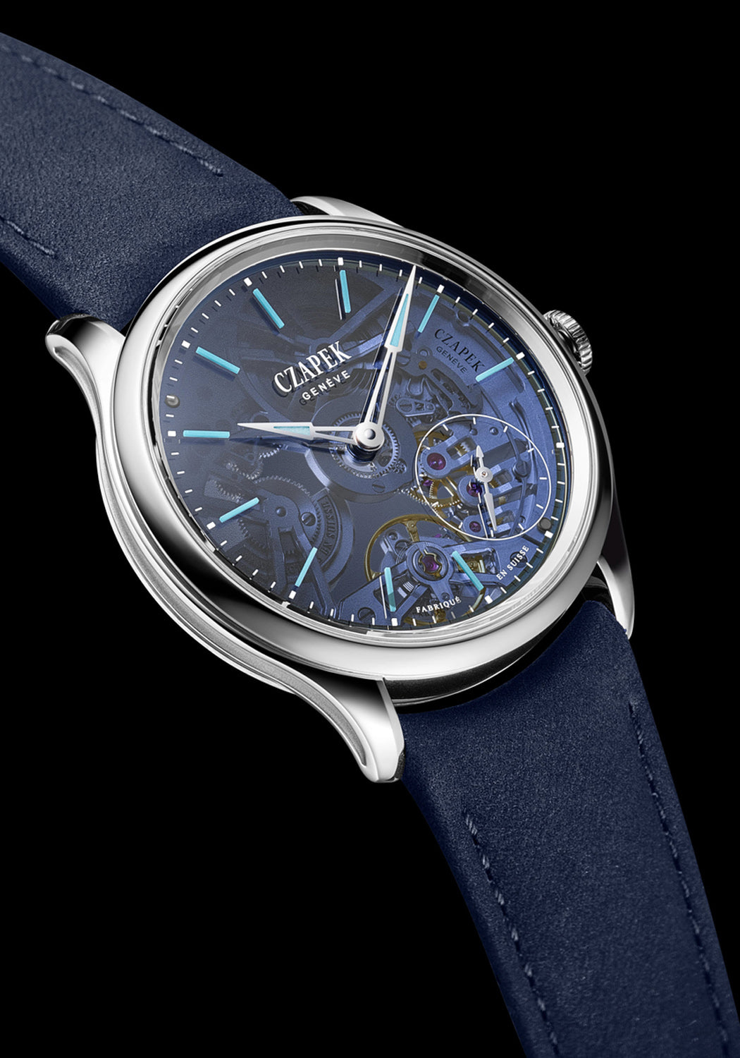 Side view of the Czapek Promenade Transparencies Aqua Blue on a black background