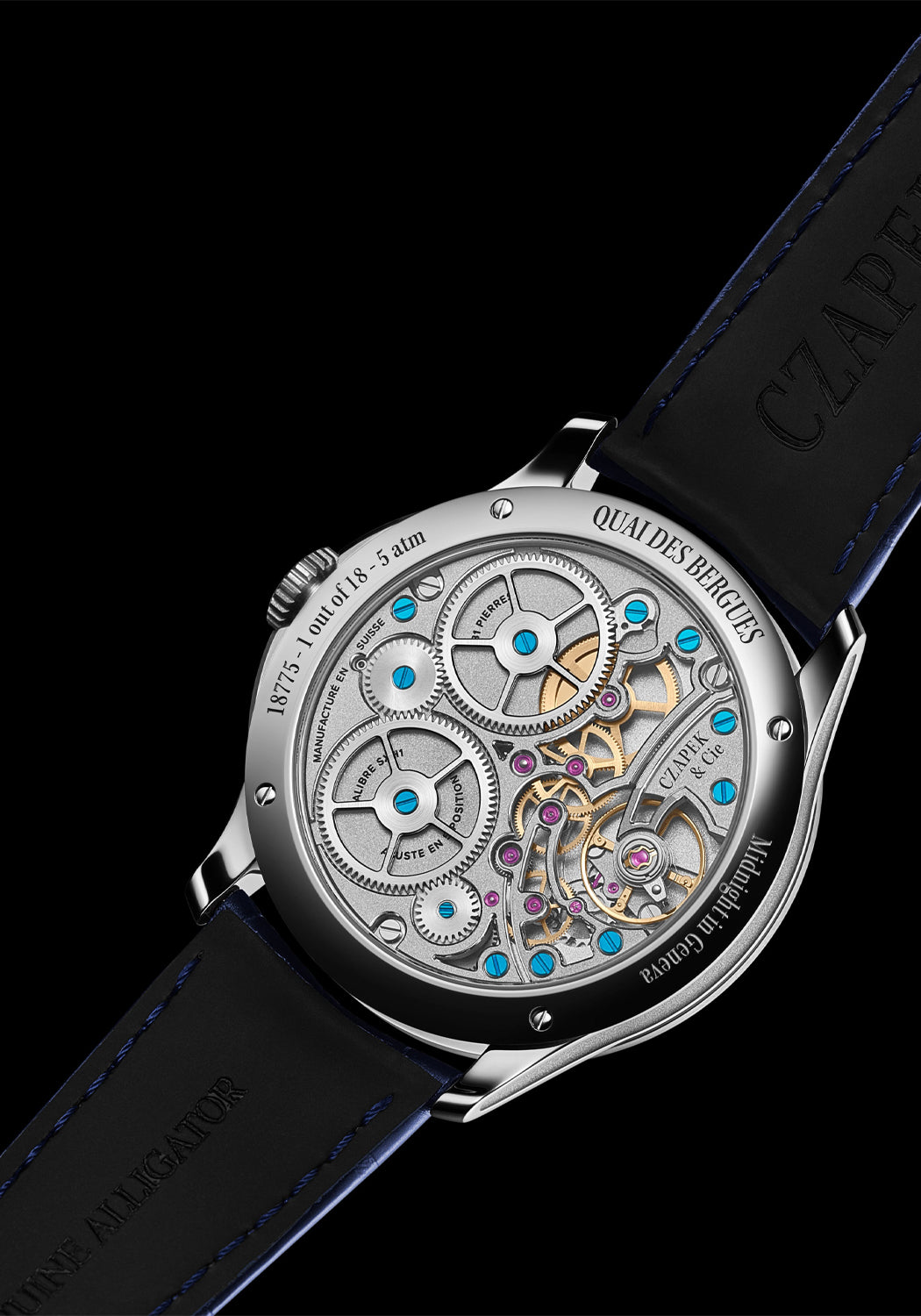 The exhibition caseback of the Czapek & Cie Quai des Bergues Midnight in Geneva reveals the SXH1