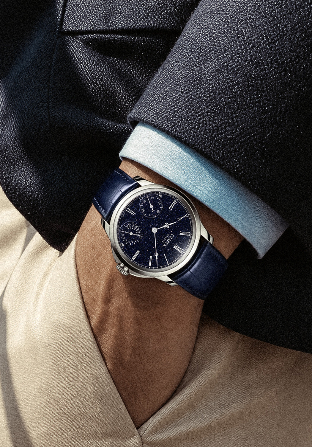 The aventurine dial of the Czapek & Cie Quai des Bergues Midnight in Geneva shines on a man's wrist