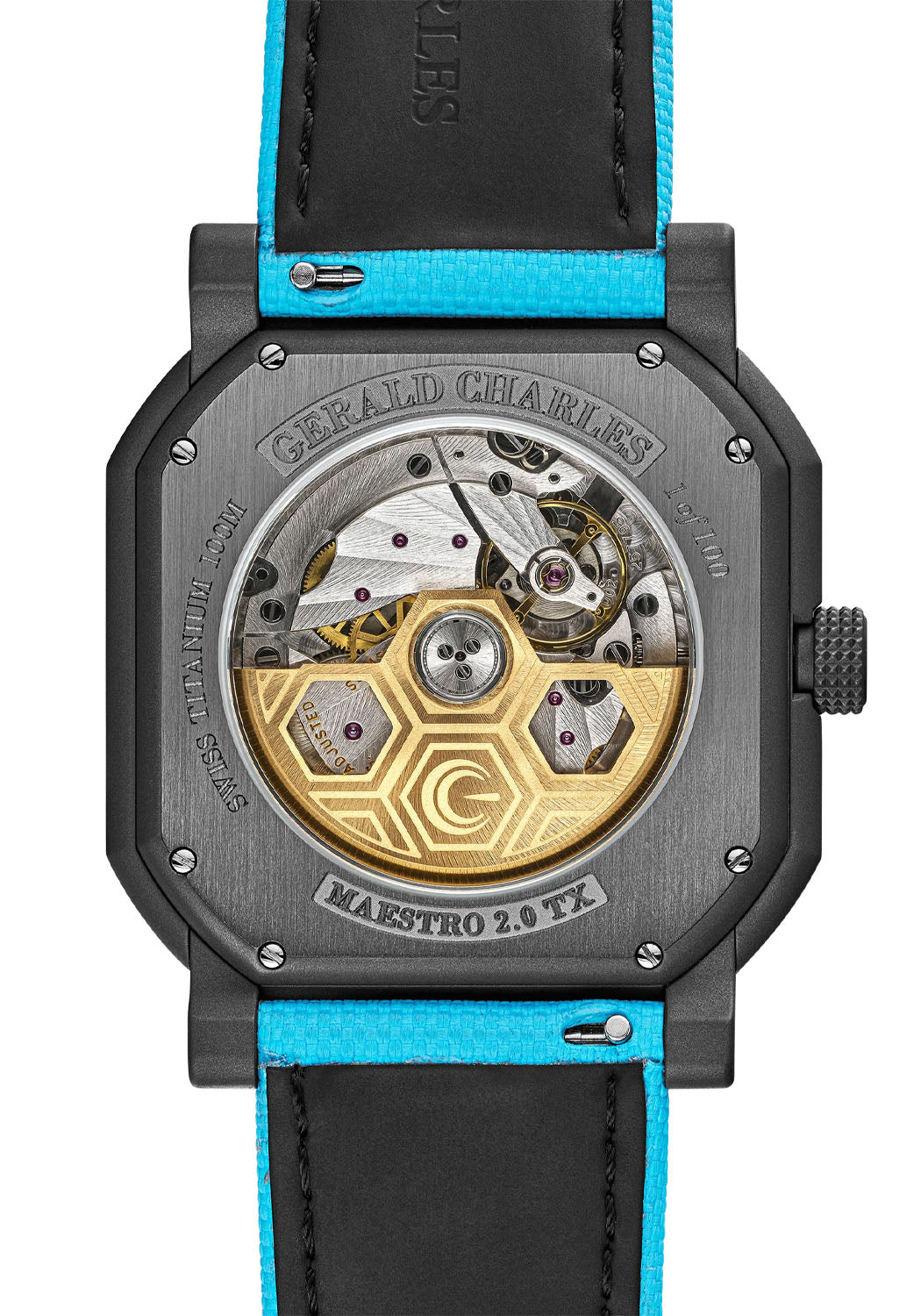The clear caseback of the Gerald Charles Maestro GC Sport Tennis Light Turquoise shows the calibre