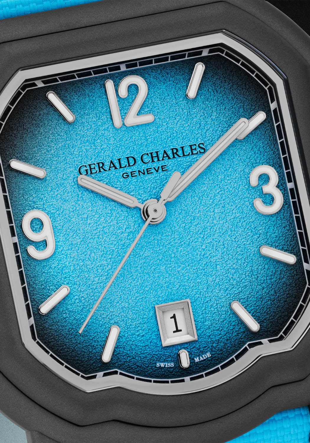 A closeup of the Gerald Charles Maestro GC Sport Tennis Light Turquoise reveals the grained dial