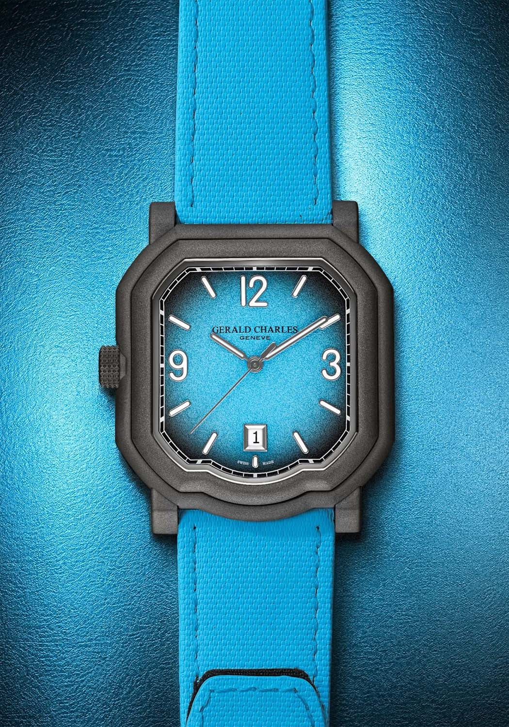 A stylized shot of the Gerald Charles Maestro GC Sport Tennis Light Turquoise shows the grained dial