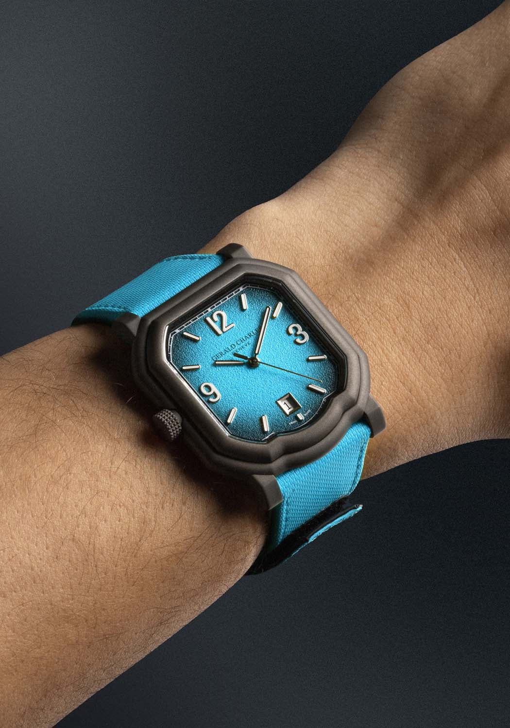 The Gerald Charles Maestro GC Sport Tennis Light Turquoise pops on a man's wrist with its bold dial