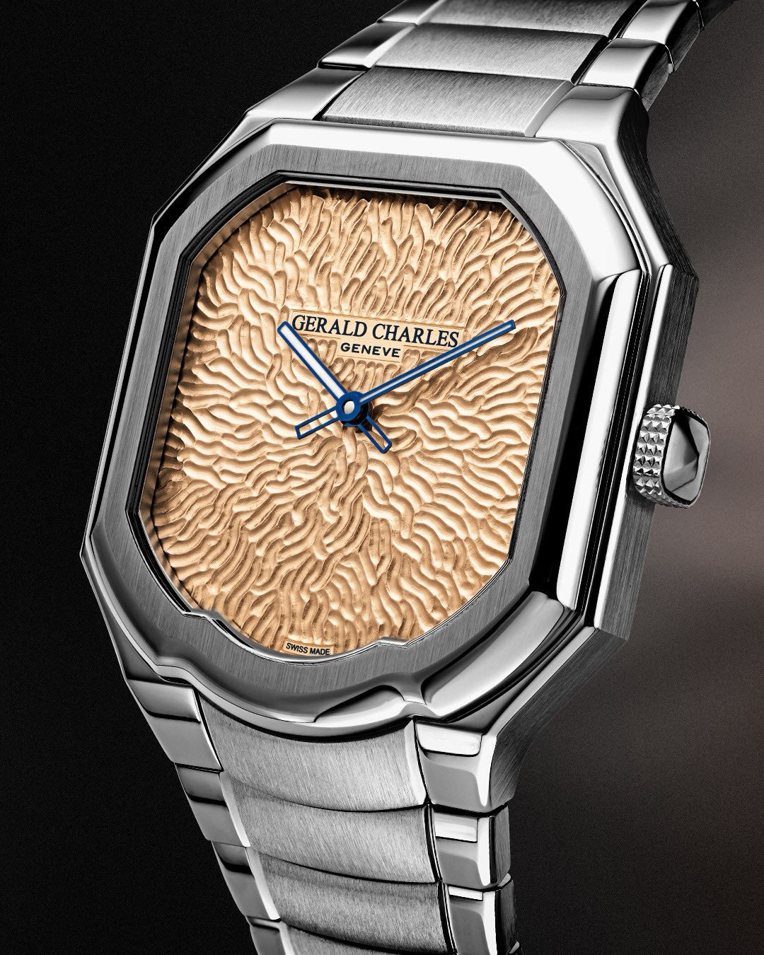 Each dial of the Gerald Charles Masterlink Atelier Edition Golden Rose is individually hand-hammered