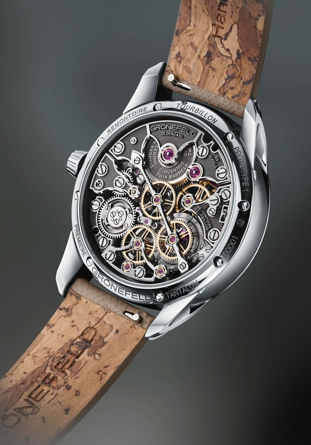 The back of the Grönefeld 1941 Quadrivium reveals the inner workings of the calibre