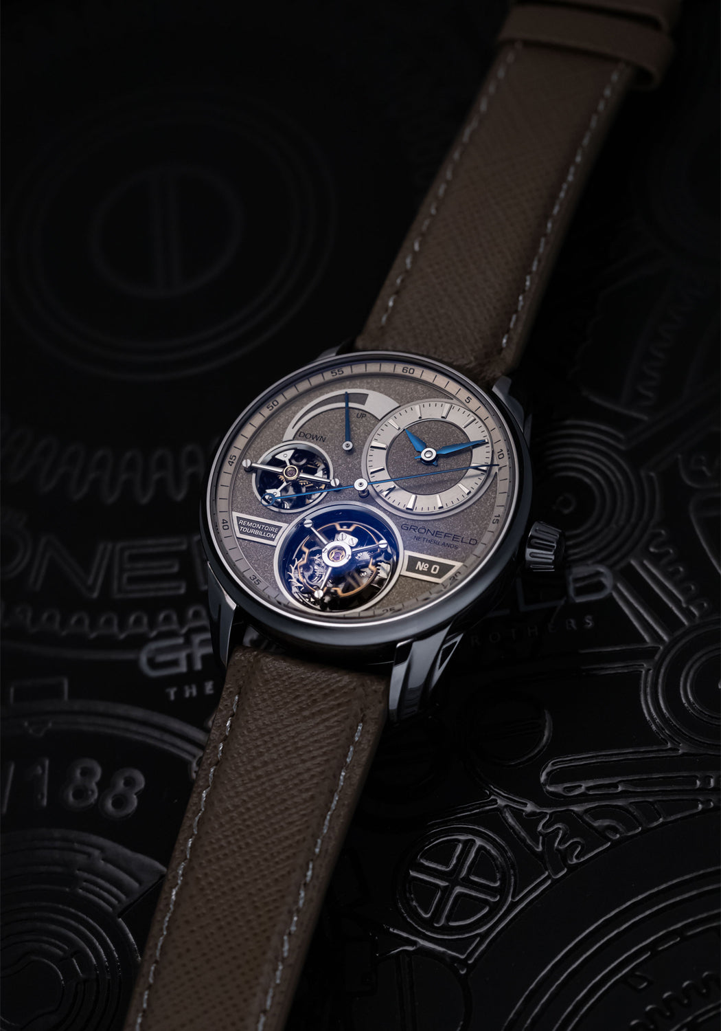 The hands of the Grönefeld 1941 Quadrivium are steel and heat blued
